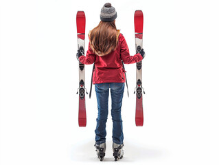 Mujer sosteniendo un par de esquís en sus manos, de pie, delante de un fondo blanco - obrazy, fototapety, plakaty