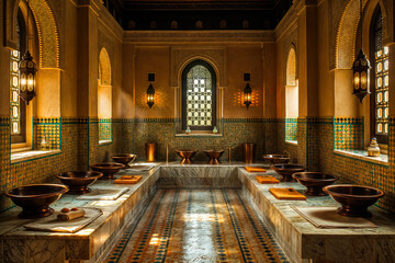 Tranquil moroccan bathhouse interior with ornate decor - obrazy, fototapety, plakaty