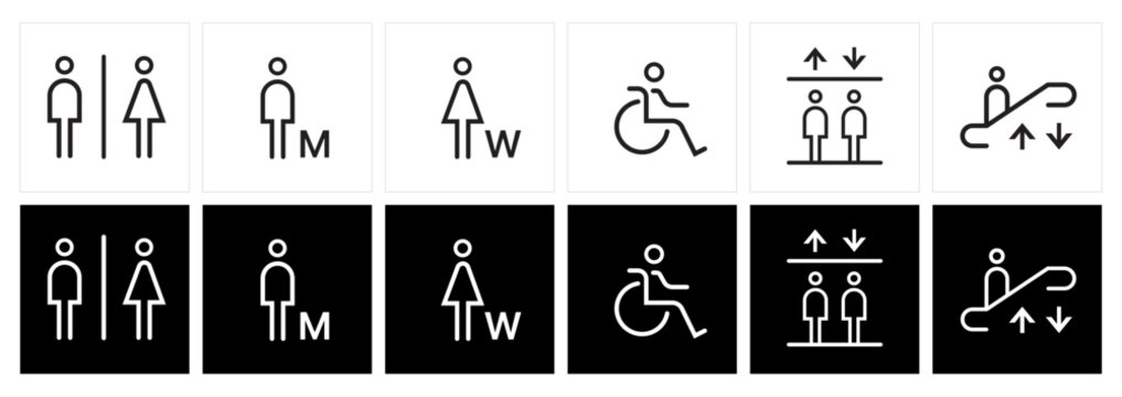 Restroom Gender symbol icon. Man, Women and Disabled icon set. Modern simple line pictogram vector. linear restroom signage. WC sign symbol.