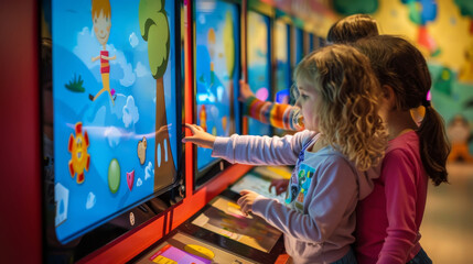 An educational technology space in a museum where children explore interactive exhibits, play educational games, and learn with curiosity.