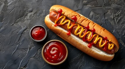 Classic hotdog with ketchup and mustard. Isolated on dark background. top view. Room for copy space