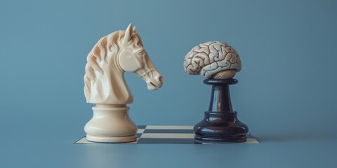 Chess knight and brain on blue background, strategy concept - obrazy, fototapety, plakaty