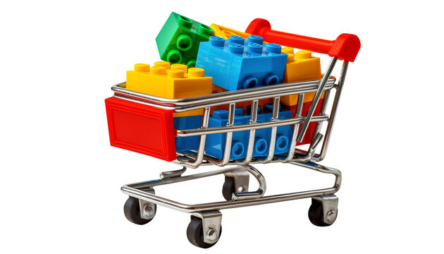 Lego blocks are in a shopping cart isolated, transparent background
