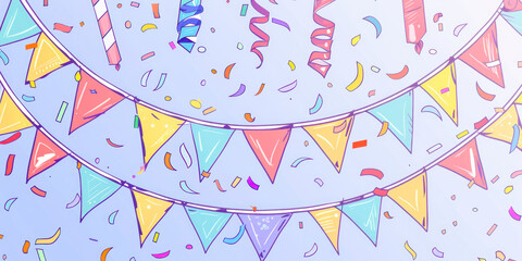 Celebrate banner. Party flags with confetti. Cartoon colourful sketch.
