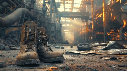 A worn-out pair of work boots lie abandoned on a dusty floor, empty factory assembly line in the background