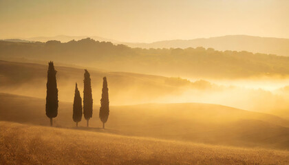 A Tuscan sunset bathes the landscape in gold - 758925278