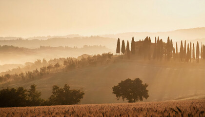A Tuscan sunset bathes the landscape in gold - 758925279