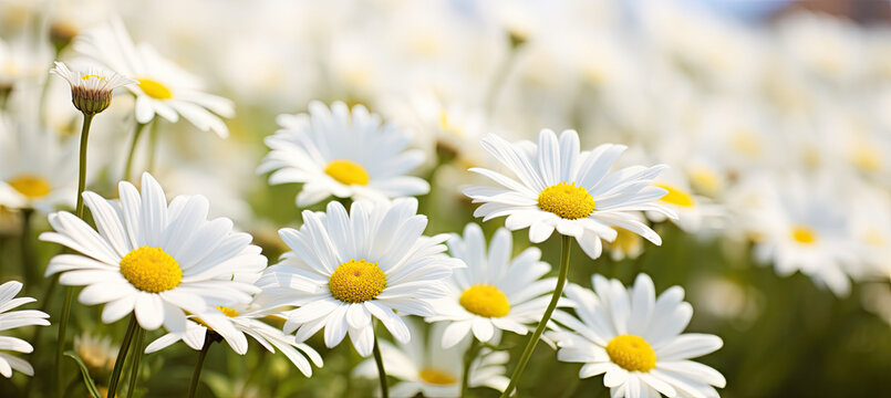 The landscape of white daisies blooms in a field 