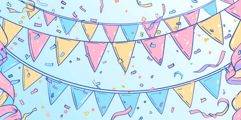 Fototapeta na wymiar Celebrate banner. Party flags with confetti. Cartoon colourful sketch.