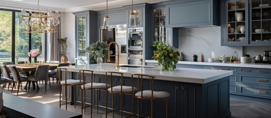 Fototapeta premium Luxurious and Bright Kitchen Interior with Elegant Furniture in a Spacious Residential Mansion. Modern Interior Design Concept.
