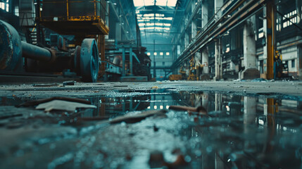 Empty Factory Floor Relics - Silent Idle Machines, Forsaken Production Line. Melancholy Pervading Desolate Industrial Interior Wide-Angle Scene.