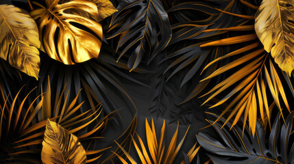 Textures of abstract gold and black leaves for tropical leaf background
