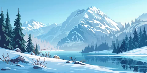 Schilderijen op glas Watercolor landscape with mountains, lake, green tent © Denira