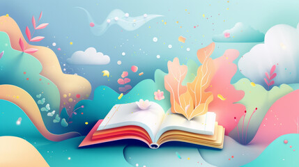 3d of colorful leaves flying from open book