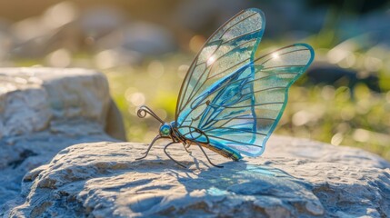 Fototapeta na wymiar large stunningly beautiful fairy wings Fantasy abstract paint colorful butterfly sits on garden.The insect casts a shadow on nature.The insect has many geometric angles.3d render 