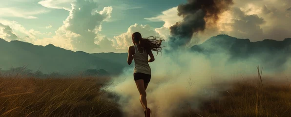 Abwaschbare Fototapete Beautiful young female, woman, girl in sportswear, running on the road on the mountain landscape with steam.  Outdoor sport, fitness illustration in vector style. Jogging. Generative ai © Inai