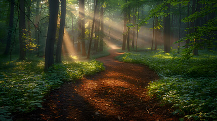 Beauty of a forest path drenched in the soft light of dawn. Amidst the towering trees, capture the interplay of shadows and light as the morning sun filters through the canopy.