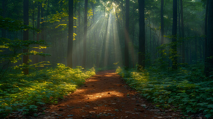 Obraz premium Beauty of a forest path drenched in the soft light of dawn. Amidst the towering trees, capture the interplay of shadows and light as the morning sun filters through the canopy.
