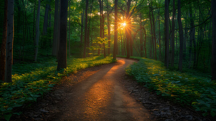 Obraz premium Beauty of a forest path drenched in the soft light of dawn. Amidst the towering trees, capture the interplay of shadows and light as the morning sun filters through the canopy.