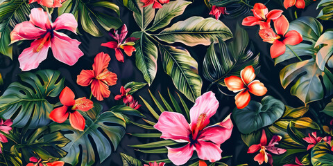 Floral pattern, spring summer background with tropical flowers. - obrazy, fototapety, plakaty