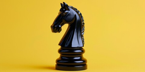 Black chess horse on yellow background - obrazy, fototapety, plakaty