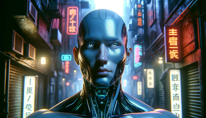 A humanoid cyborg displaying the intricate detail of its mechanical and organic components. The cyborg is partially illuminated by the bright neon lights of a busy cyberpunk cityscape. - obrazy, fototapety, plakaty