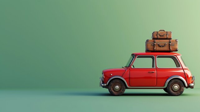 Cute little red car on a green background with luggage on top. Vacation concept with copy space for your text	