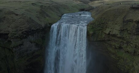 Aerial view of a beautiful waterfall in Skogafoss, Iceland.