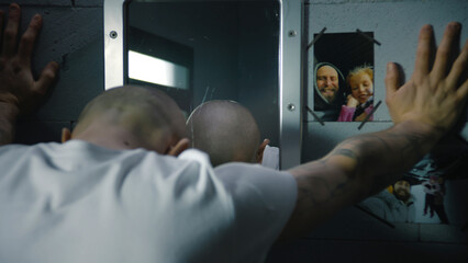 Illegally convicted man looks at himself in the mirror, puts hand on the pictures with family hanging on the wall in prison cell. Male prisoner serves imprisonment term in jail or detention center. - obrazy, fototapety, plakaty