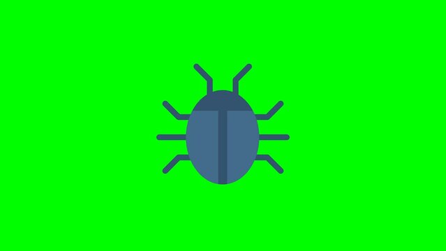 Blue beetle. Beetle appears in the center of the screen. Body of the beetle appears, then the legs. Find errors, software testing concept. Alpha channel. Chroma key. 2d flat animation. Green screen