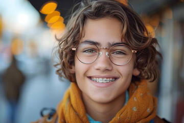 Healthy smile of a teenage boy with braces in close-up. Orthodontic treatment. Panoramic image. - obrazy, fototapety, plakaty