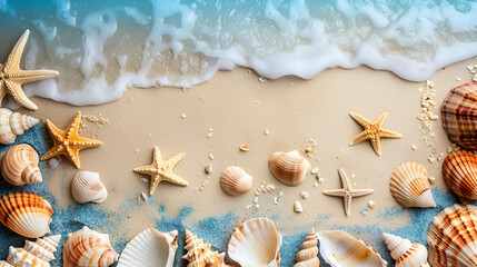 Fototapeta na wymiar Summer beach with strafish and shells background. generative ai 