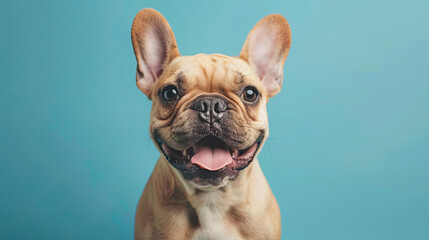 Fototapeta premium Setting happy puppy on pastel blue background