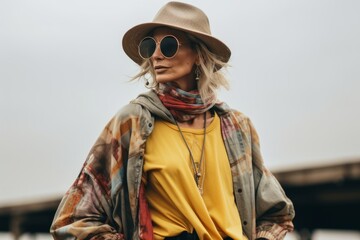 Stylish young woman in hat and sunglasses posing outdoors. Fashionable girl wearing stylish clothes.