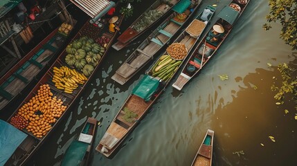 Fototapeta na wymiar Aerial view of the famous floating market, farmer selling organic food, fruits, vegetables on water river
