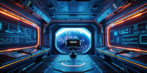 Futuristic spacecraft interior with Earth view and computer screen in outer space