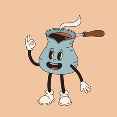 Retro cartoon coffee cup character. Mug mascot in different poses. 60s 70s 80s groovy contour vector illustration. Espresso black coffee cup.