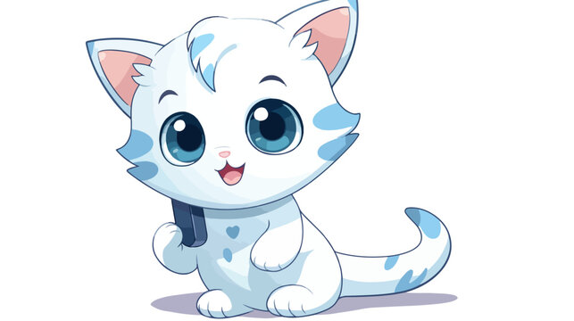 A White Kitten with a cellphone flat vector 