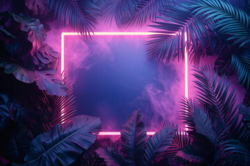neon frame on tropical leaves dark copy space area background