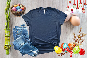 Easter Navy T-Shirt Mockup - Navy MOCK UP - Navy  Tshirt Mock Up - Mockup Wood Background - easter shirt MockUp