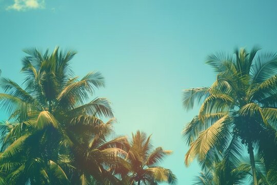 Coconut palm trees, beautiful tropical background, vintage filter. generative ai.