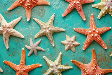 Colorful Starfish Collection on Turquoise Background