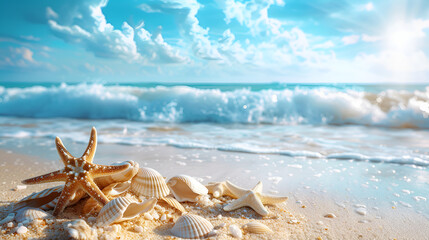 Fototapeta na wymiar Summer beach with strafish and shells background. generative ai 