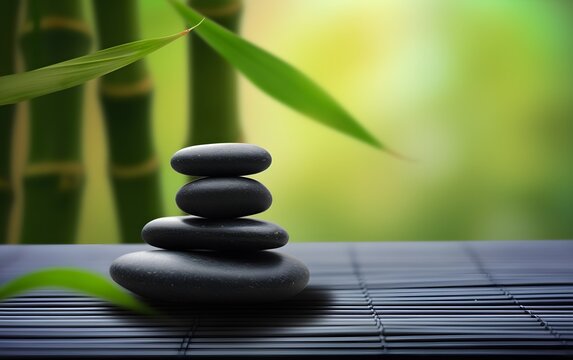 a stack of black stones on a black surface with bamboo leaves