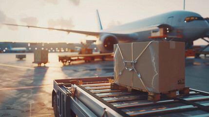 The golden hour at an airport illuminates cargo being loaded onto aircraft, highlighting the beauty and busyness of air freight logistics - obrazy, fototapety, plakaty