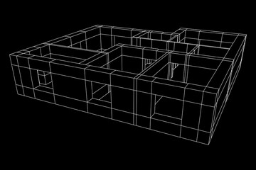 Architecture building. Modern house plan. Wireframe low poly mesh.