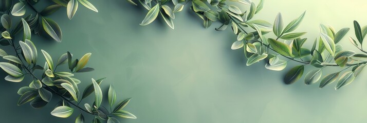 Green olive branch with leaves and fruits on white background. Horizontal luxury botanical background for banner, greeting card, invitation. Women's Day, Valentine's Day, wedding. - obrazy, fototapety, plakaty