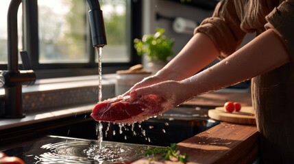 a woman holds a piece of fresh meat in her hand, water from the tap is pouring onto the rinsed...