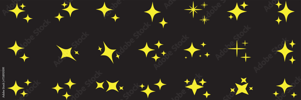 Poster yellow sparkles symbols vector. set of l vector stars sparkle icon. bright firework, decoration twin