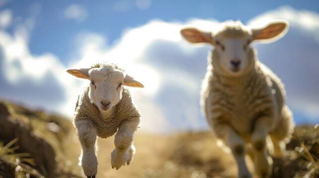 a breathtaking image of a single lamb in sharp center focus. and in the background an out of focus but recognizable image if full body shot of Jesus Christ.